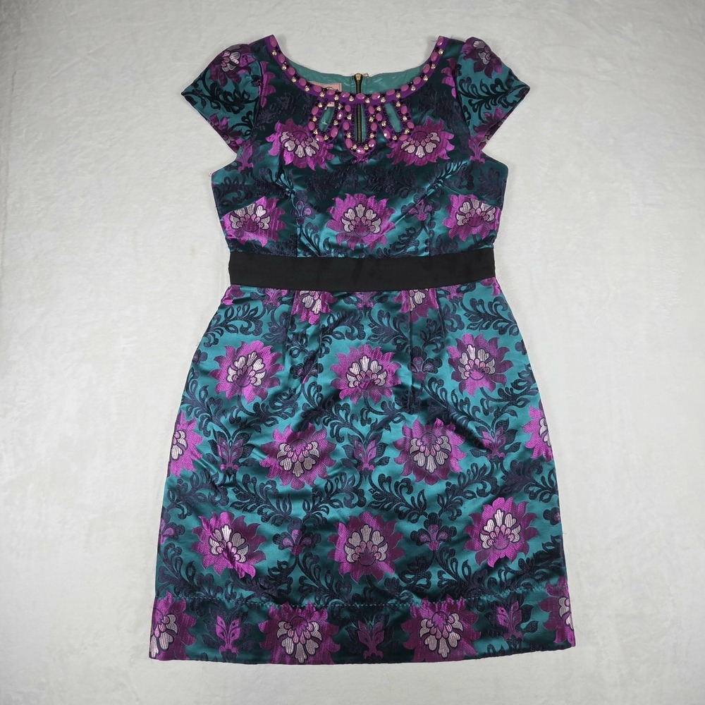 Phoebe Couture Size 8 Rayon Silk Midi Dress Aqua Blue Pink Sleeveless Beaded